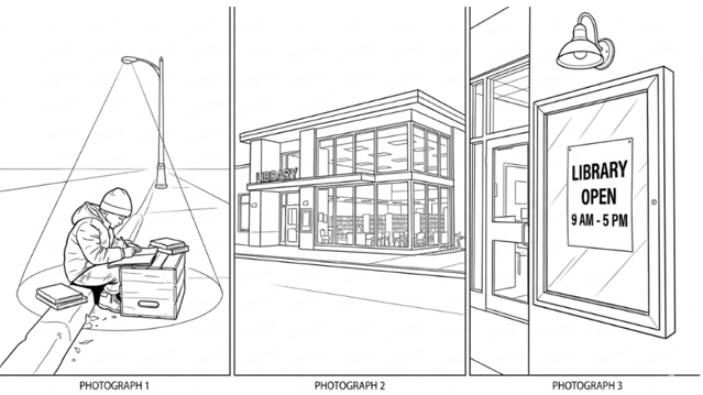 A 3- panel CBSE Class 9 English exam question image showing: Panel 1, a child studying under a street light; Panel 2, a closed library building; Panel 3, a library notice board with timings open 9 AM to 5 PM